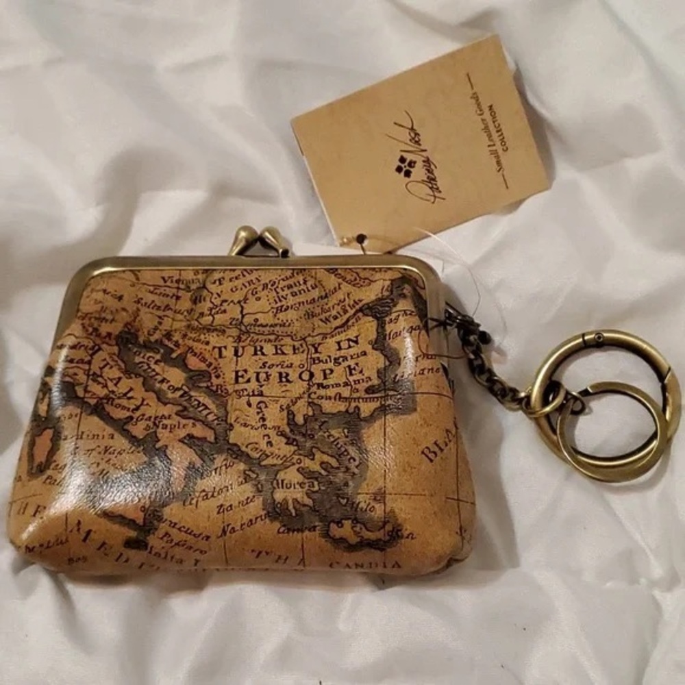Patricia Nash Brown Map Print Leather Coin Purse with Keychain